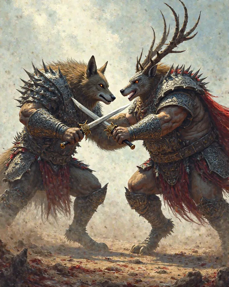 Fight between a ferocious wolf warrior in armor and an obese antelope warrior in armor ! Their engraved swords clash.