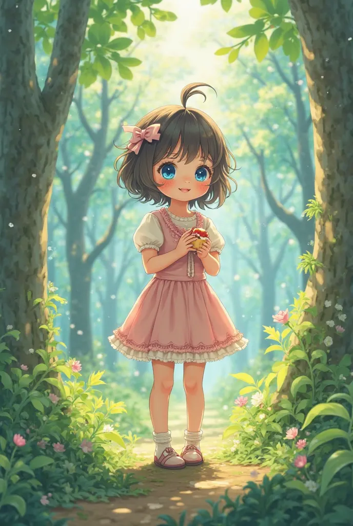 Teddy bear girl with blue eyes clothes on the background of the forest holding food * in the style of aneme*