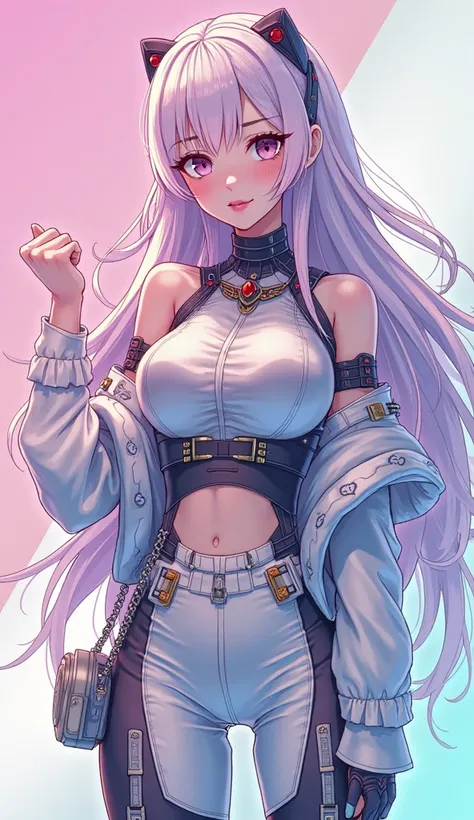 Anime character illustration, ultra-detailed digital art designed for mobile wallpaper. A charismatic heroine with long, flowing pastel hair and large, expressive eyes, wearing a sleek futuristic outfit with intricate, modern and traditional accents. Rende...