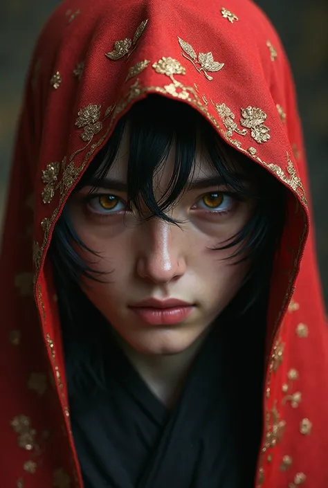 Can you make a handsome young man with golden colored eyes, shoulder length dark hair, a red head covering with small gold embroidery flowers and a black veil covering his face