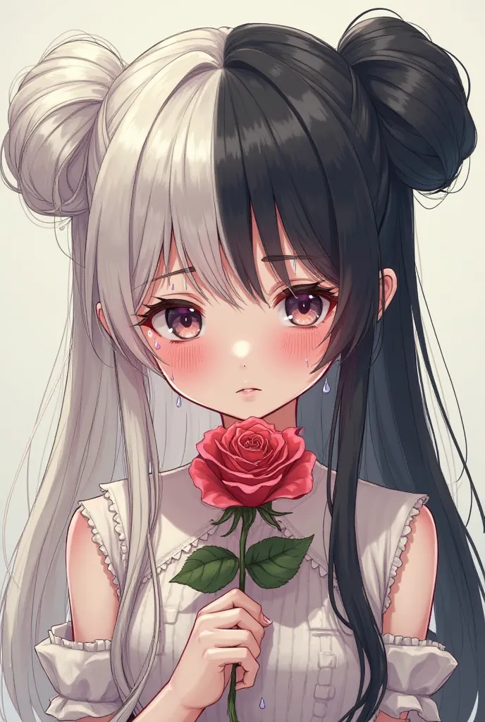 Girl with half white and half black hair tied in two tall chignons who cries and in her hand has a rose that is bathed in tears anime style