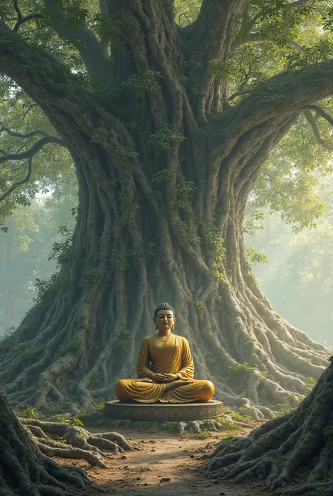 Good image with a big banyan tree in the background of Buddha practicing Dharma