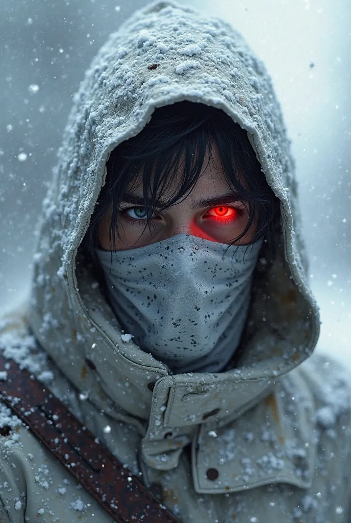 Create an image of Simon Hayha known as the White Death in the Winter War in World War 2,  black hair, White hood, blizzard, bandana on the face to hide your scar, left eye with a red color,  red aura, depressive
Cyber punk 
