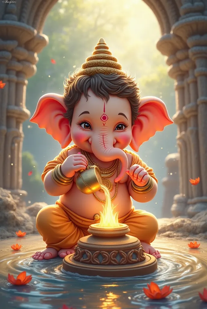 "Create a cute and heartwarming illustration of little Ganesha joyfully performing 'Jal Abhishek' on a sacred Shivling. Ganesha, with his chubby cheeks and playful expression, is carefully pouring water from a small pot onto the Shivling with devotion. The...