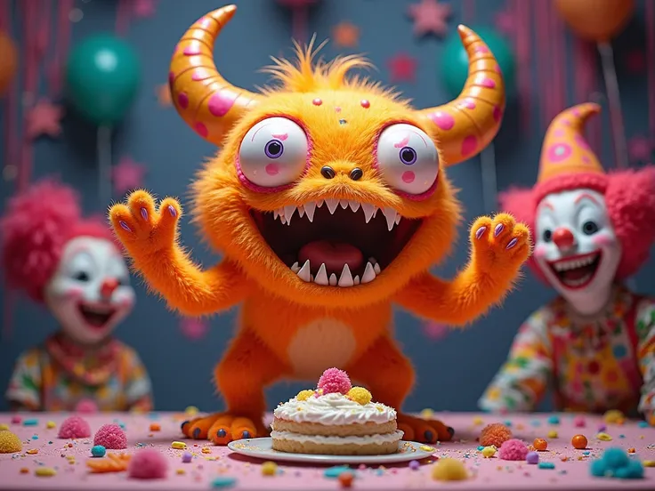 A neon orange animal monster with huge chibi eyes, pink dots on its fur, and duck feet, standing on a table and eating cake with both hands, having fun. The monster has large fangs, horns, and claws, adding to its playful yet intimidating appearance. A clo...