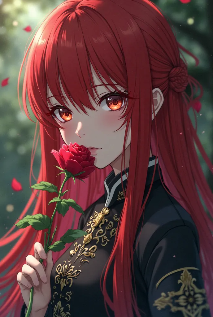 A girl from Kimetsu no Yaiba with long red hair and a fringe that covers her eyes with a rose in her mouth and a hunter's uniform