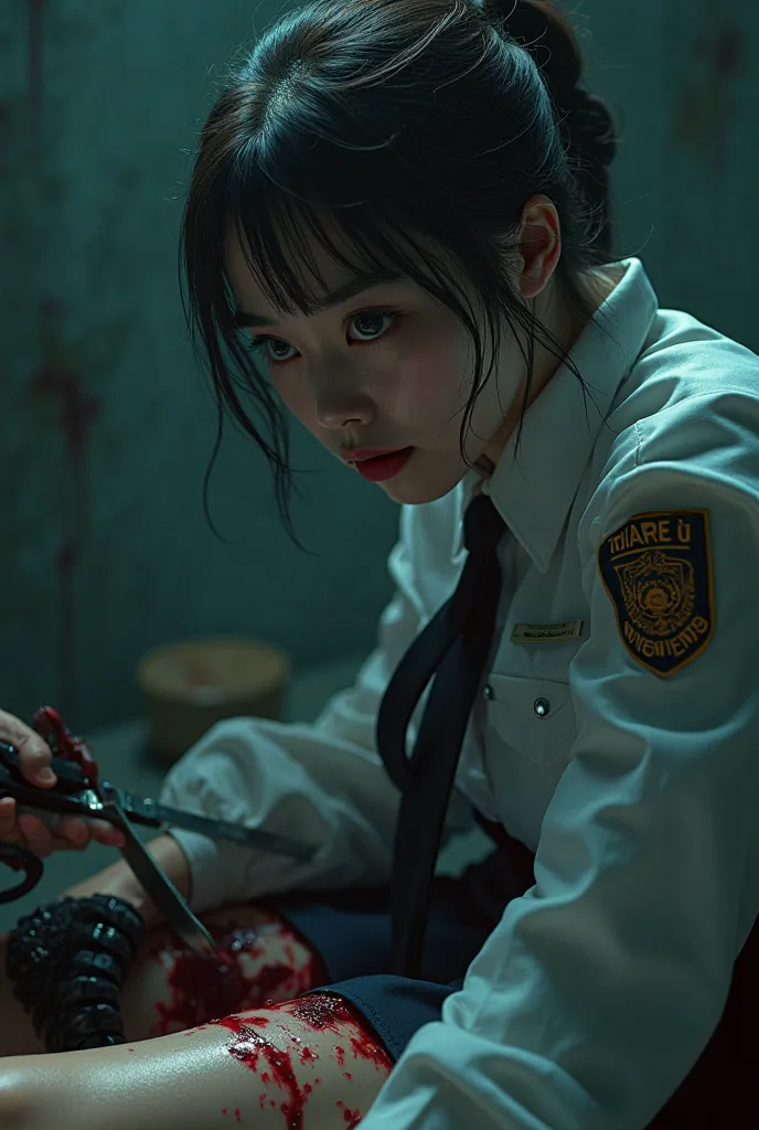 A beautiful Asian woman, nsfw, police suit with tie, micro miniskirt, long boots, suffering expression, crying, heavy bleeding from her thigh, ((((with a cutter blade impaled in her thigh)))), (((a man is cutting her thigh with a cutter))),(best quality,4k...