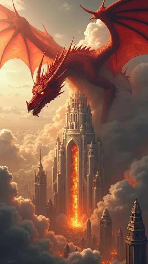 heaven main city is in main view and its burning , massive sky piercing white marble stone structure placed across the image smoking  , fire everywhere super realistic high pigmentation Large red dragon with red wings and yellow glowing eyes flying on top ...