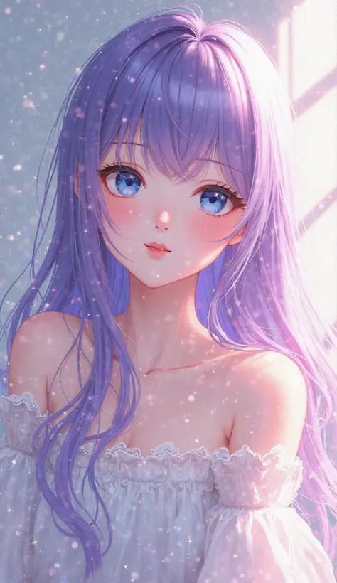 Cute girl，2D Anime Character Edition，Purple Long Hair，bright blue eyes，Adult Full Body Figure，The mouth is very small，Super fair skin，The expression is super shy，Soft picture