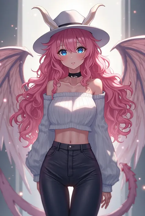 Adult anime girl with long curly pink hair, blue eyes, white cropped off shoulder sweater, white fedora with white devil horns, white and pink demon wings and a white demon tail and long black pants