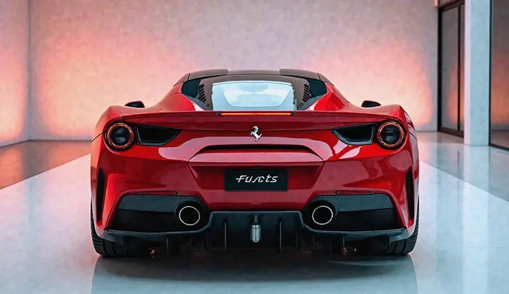 "A fully HD, vibrant, and eye-catching close-up, straight-on view of the back side of a sleek sports Ferrari F80 2025 displayed in a modern, bright gallery. The vehicle showcases bold and sharp taillights, elegant body lines, and a premium, refined design....