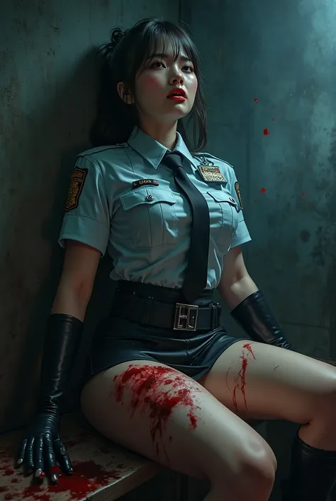 A beautiful Asian woman, nsfw, police suit with tie, micro miniskirt, long boots, suffering expression, crying, heavy bleeding from her thigh, ((((with a cutter blade impaled in her thigh)))), (((a man is cutting her thigh with a cutter))),(best quality,4k...