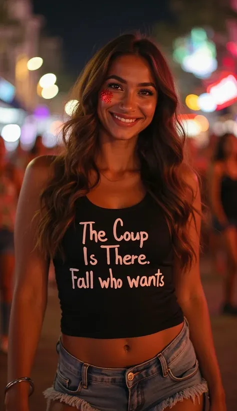 A stunning Brazilian woman with long wavy hair,  tanned skin and a radiant smile , She's wearing short denim shorts , a black tank top with the following sentence written (( The Coup Is There, Fall who wants)). Your makeup contains red glitter around your ...