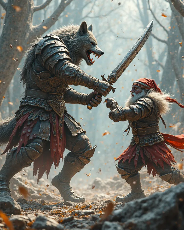 Fight between a ferocious wolf warrior in armor and a blind gnome warrior ! Their engraved swords clash !