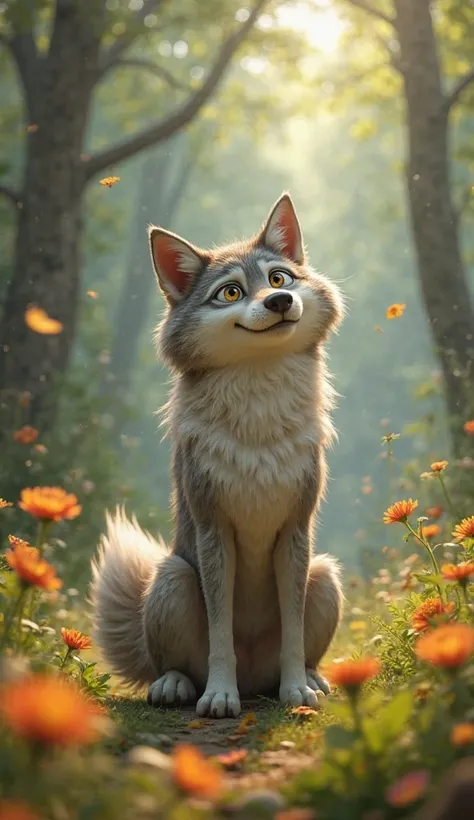 Make the wolf tempted by an idea, Disney pixar style 