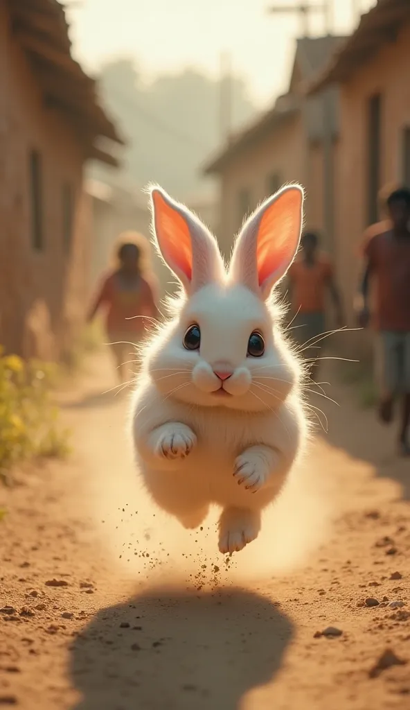 "A fluffy white rabbit with soft fur and blushing cheeks sprints down a dusty village road, its large ears flopping slightly with each bound. Its wide eyes reflect urgency and fear as it dashes forward, kicking up small clouds of dust. The warm sunlight fi...