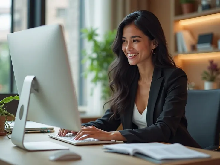 a portrait of a 30-year-old Brazilian woman working in front of her computer, Well dressed with black hair and smiling