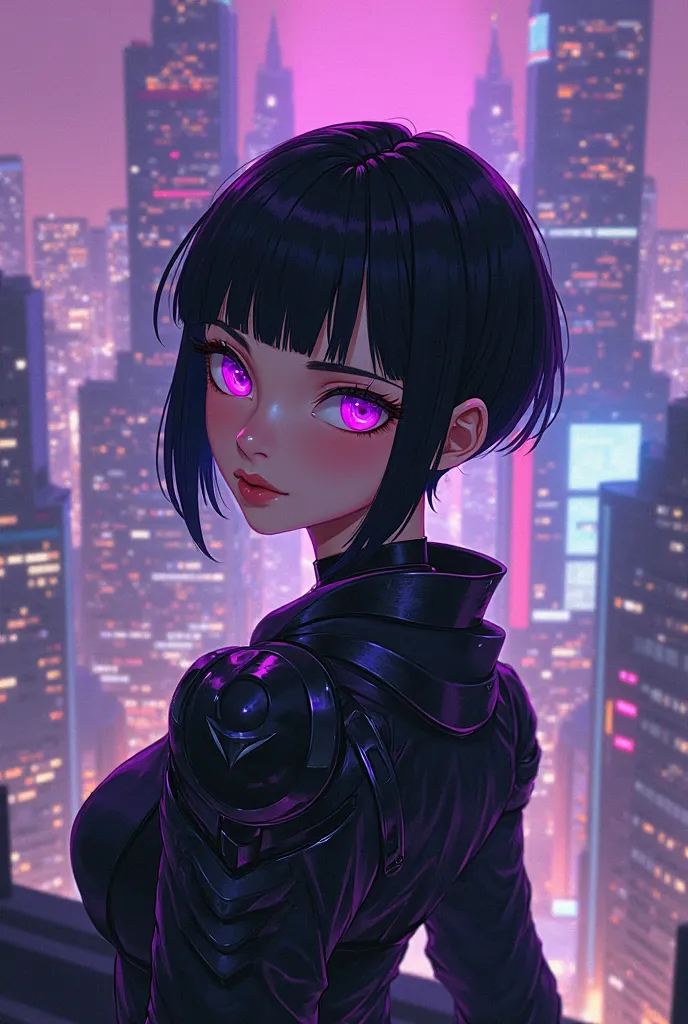 Anime young woman, purple eyes, short black hair, buzzcut haircut, her clothes are purple and black, she is on the top of a state, cyberpunk vibes, futuristic ambience