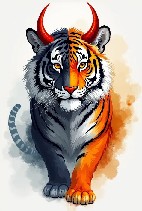 Draw a tiger with two heads realistically but, The left half of the body has dark fur with white lines, a calm face an eye and horns pointed upwards of the color red,  The right half has a fierce taque face,The extended stop for the attack, an eye in the m...