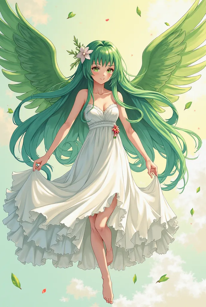 anime style picture of a woman in a white dress with green hair and wings, a manga drawing inspired by Marie Angel, pixiv contest winner, art nouveau, palutena, lady palutena, beautiful young wind spirit, goddess of spring, goddess of nature, official artw...