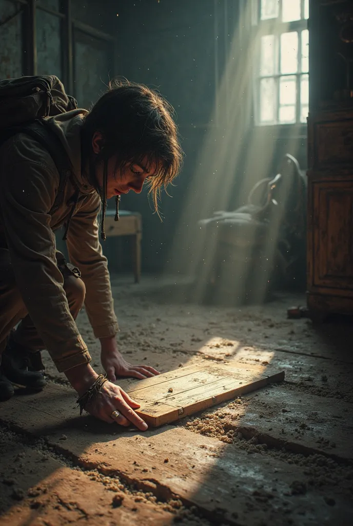 Searching the dusty old room.
Showing the moment of moving the wooden sheet under the floor.