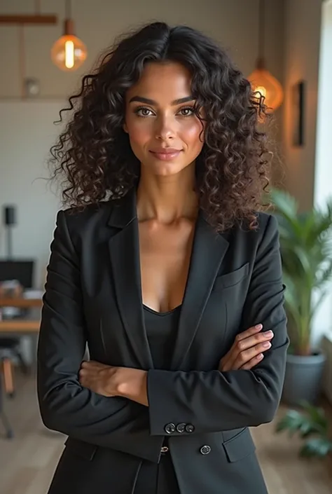 create an image of a girl in a company studio dressed in a suit, with voluminous curly hair, brown eyes, brown color