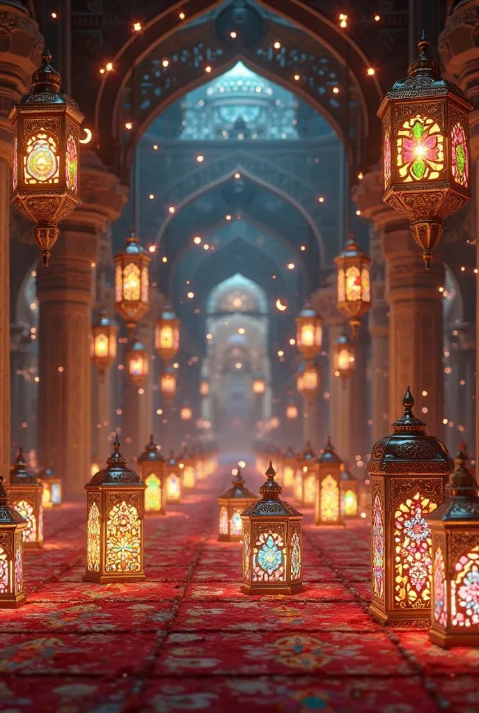 A mosque decorated with colorful lanterns and Ramadan decorations, dim lights illuminate the spiritual atmosphere.
