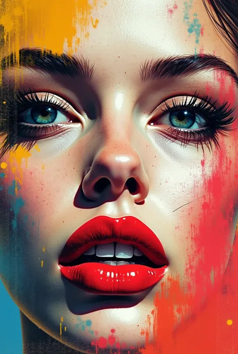 Create a bold pop art piece, featuring an enlarged image of a Swedish model's forehead and eyes and lips, conveying a series of expressions. This design is in the style of Dam Domido, using his palette with striking contrasts. The model's lips are vividly ...