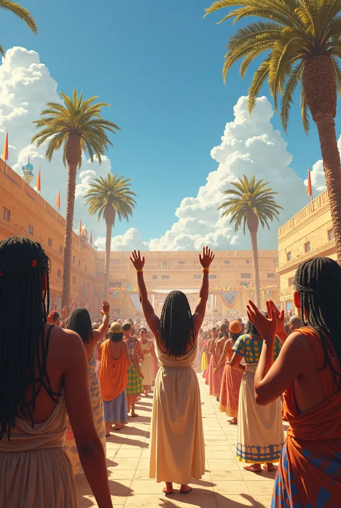 Generate a POV (first person view) image of someone attending a festival in Ancient Egypt. I'm standing in the middle of a cheering crowd, my hands raised in applause as musicians play drums and flutes. In the background, I see dancers dressed in colorful ...