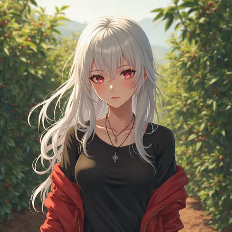 . The woman in the anime is ใส่เสื้อยืดสีดำ,Wear a red jacket with white long hair ,  with a small necklace,  , coffee tree background 