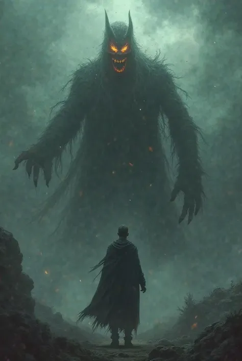 Terrifying laughter is heard, and the giant ghost, the king of ghosts, appears with a disfigured face and eyes burning with black fire.

He challenges him, saying, "You won't be able to defeat me!" , and an epic battle begins

