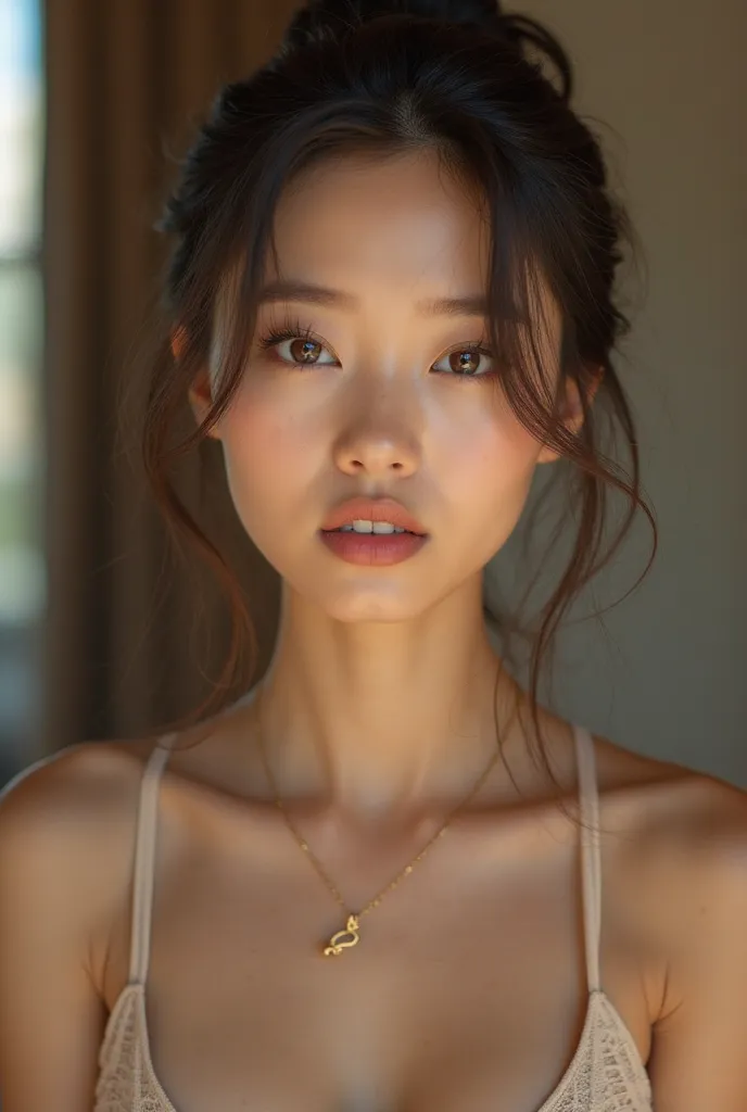 high quality,Realism, HD,4K,Extremely delicate,surrealism， high contrast ,realism, Asian woman ，Female Nudity,Soles,Goose face ，Internet celebrity face，A full face,Sexy lips，big eyes,Sitting， background blur, indoor light ,Warm tones,delicate texture