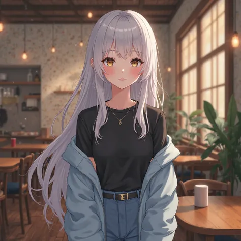 . The woman in the anime is ใส่เสื้อยืดสีดำ,Wear a light blue jacket with white long hair ,  with a small necklace,  ,  cafe background  