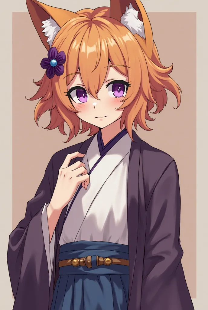 A person with a handsome face, Caucasian with short light orange hair is halved with a purple brooch. Has dark purple and bulging eyes in the shape of a fox.Wear Kimetsu no Yaiba's demon dietj uniform in charcoal purple with white Haori top and blue bottom...