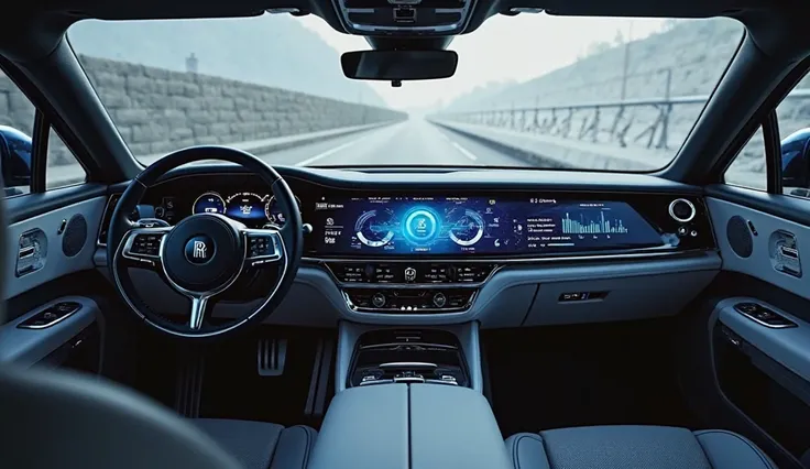 Create an image of the infotainment system, digital dashboard, and driver-assistance features of rolls royce 2025