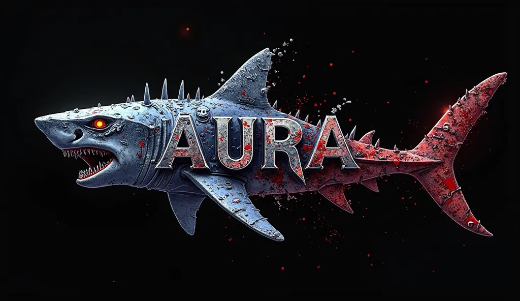 Black background, digital logo design blending deathcore typography with the shape of a shark of aluminum. The name " AURA ' forms the full silhouette of a shark of aluminum, including its full complete body, with sharp, aggressive lines and chaotic detail...