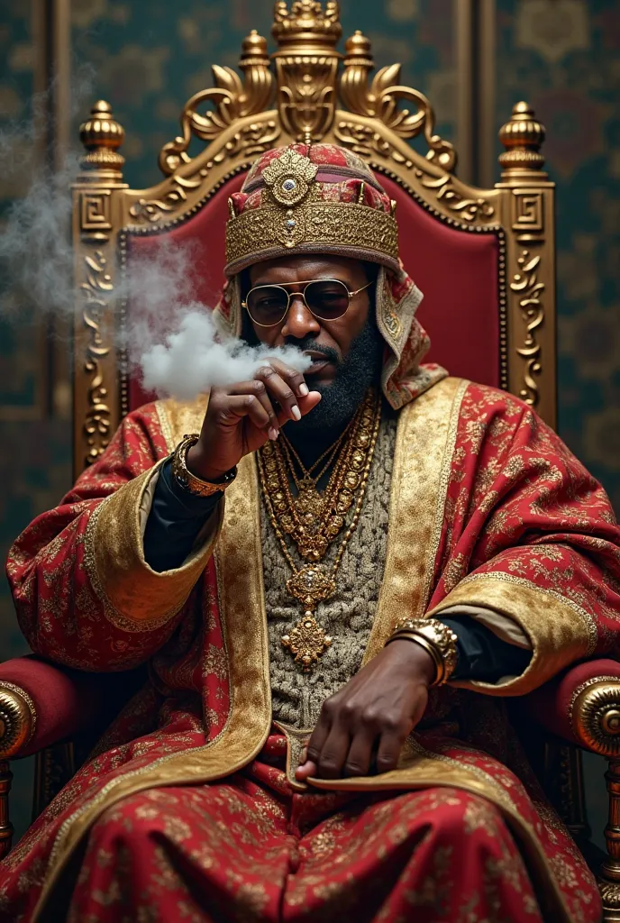 moroccan king sitting on his throne vaping and have a vape in his hand with sun glasses on and a textboard with “koningliquid” written on it behind him