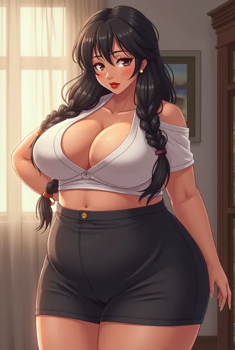 Masterpiece, hi res, absurdres, Best Quality, 4K, detailed, HD , anime, solo, mature female, age 40, milf,mother, chubby, bbw, curvy, short, thick, Big ass,crop top, short skirt, black hair, braided hair,curvy, cleavage, huge breasts , saggy breasts, promi...