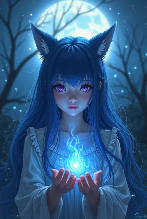 1 fille, long blue hair, yeux violets, oreilles de loup, blue flame, full moon 