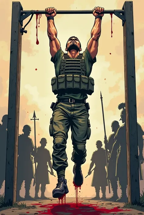 A cartoon of a soldier on a pull-up bar, training with a tactical vest while drops of sweat and blood fall to the ground. In the background, silhouettes of warriors from the past watch him. Ideal style for a t-shirt, with strong lines and a simple backgrou...