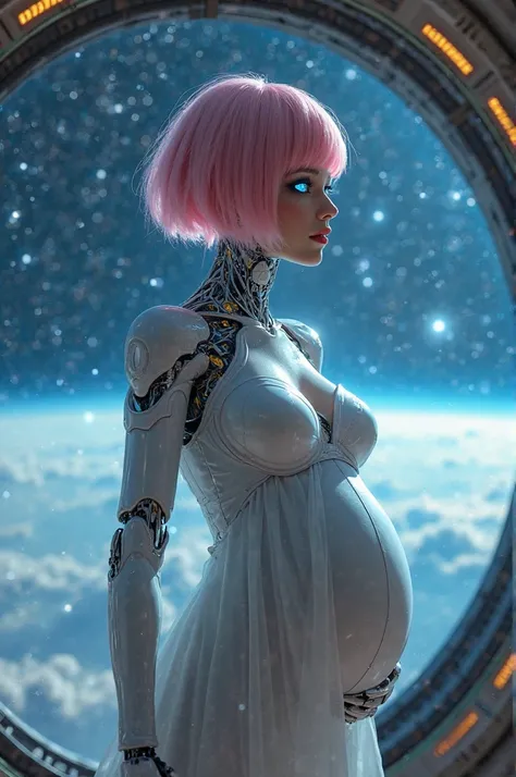 Gorgeous ((playfully) coy)) ((innocently seductive)) ((female robot)) robotic parts, short silky pink hair long bangs, beautiful electric blue eyes, slender face high very defined cheekbones, full lush lips, huge full breasts, ((hyper huge pregnant belly))...