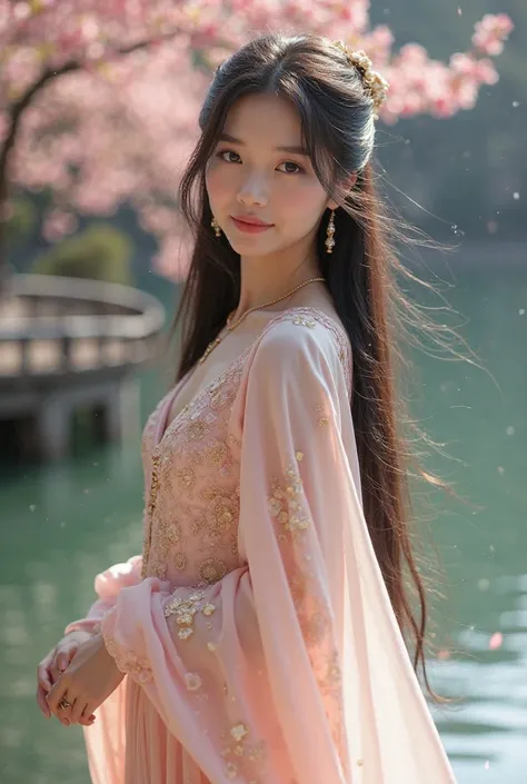 *"A curved wooden bridge over a calm lake, long shiny black hair, where several golden carp swim under the clear water. from the soft light reflected on her face, enhances smooth porcelain skin. Her eyes were deep, glittering like autumn water, She puts on...