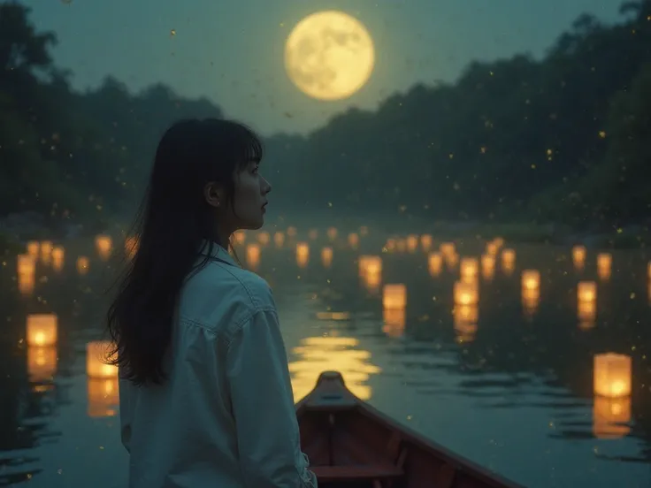 Serene moon lake with floating lanterns, Mysterious atmosphere and dreams, soft yellow light reflecting on the water.A young woman in a white shirt standing on a boat, looks into the distance with a tender and melancholy face.
