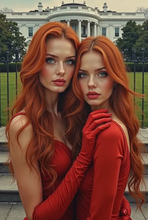  Realistic oil painting , Unreal Russian couple , Beautiful woman with long copper red hair and emerald green eyes,  have long eyelashes  , thick lips , defined eyebrows , porcelain skin and shiny emerald green eyes that mesmerize, She is beautiful , has e...