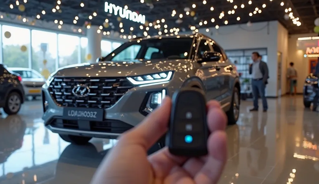 ""A high-quality image of the 2024 Hyundai Alcazar facelift in a showroom with bright lighting. The SUV has a bold front grille, sleek LED headlights, and a muscular bumper. The rear features a modern design with a connected LED taillight strip, a premium ...