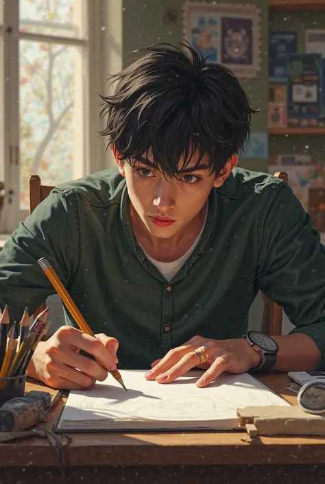 Character with short black hair holding a pencil in his hand 