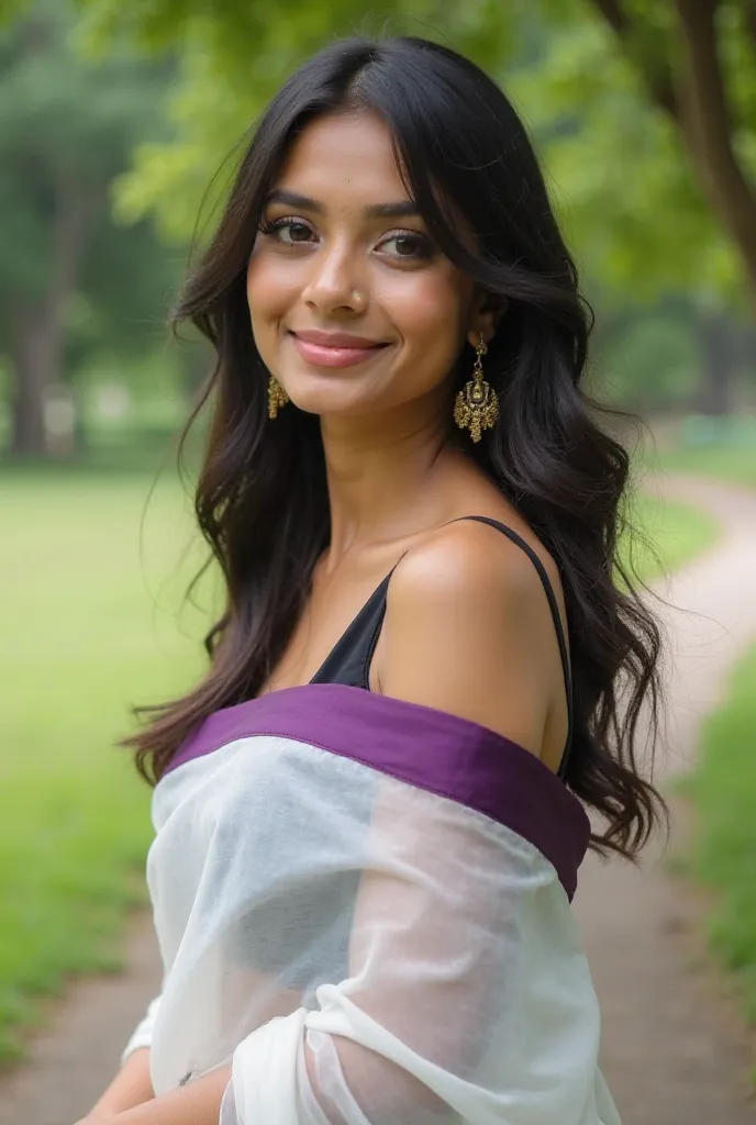 "A beautiful sexy young woman with medium skin tone, standing outdoors in a lush green park during daytime. She is wearing a white saree with a purple border, draped over a black sleeveless blouse. Her long, wavy black hair flows over her shoulder, and she...