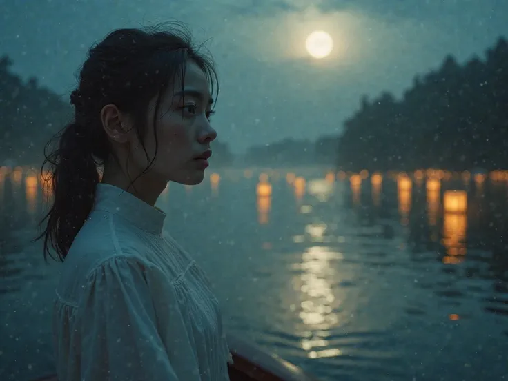 Serene moon lake with floating lanterns, Mysterious atmosphere and dreams, soft yellow light reflecting on the water.A young woman in a white collar of the style of a clerical sword stands on a boat, looks into the distance with a tender and melancholy fac...