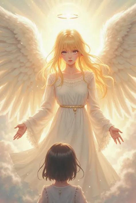 I want a picture of a blonde girl wearing glasses with angel wings and a halo and another girl with short dark hair worshiping her