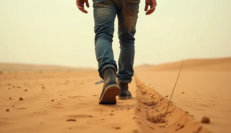 A man takes a step through the desert.
Close-up of a leg and a black boot.
Top view of the man's step.